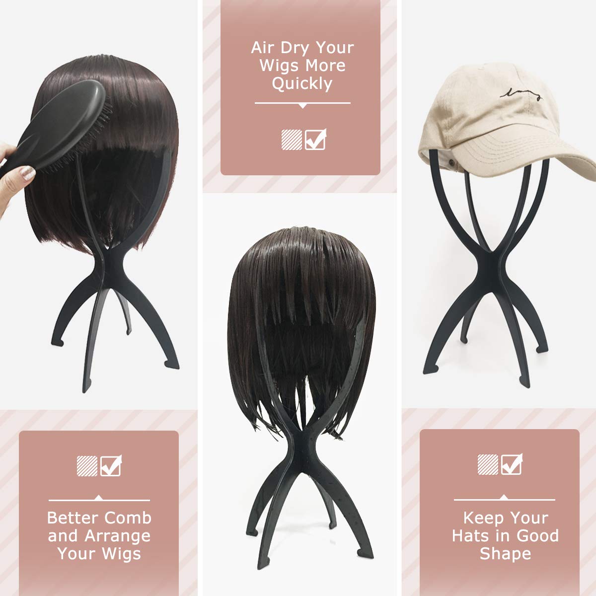 Dreamlover Wig Stand Wig Head Stand Wig Holder for Multiple Wigs Black 3 Pack