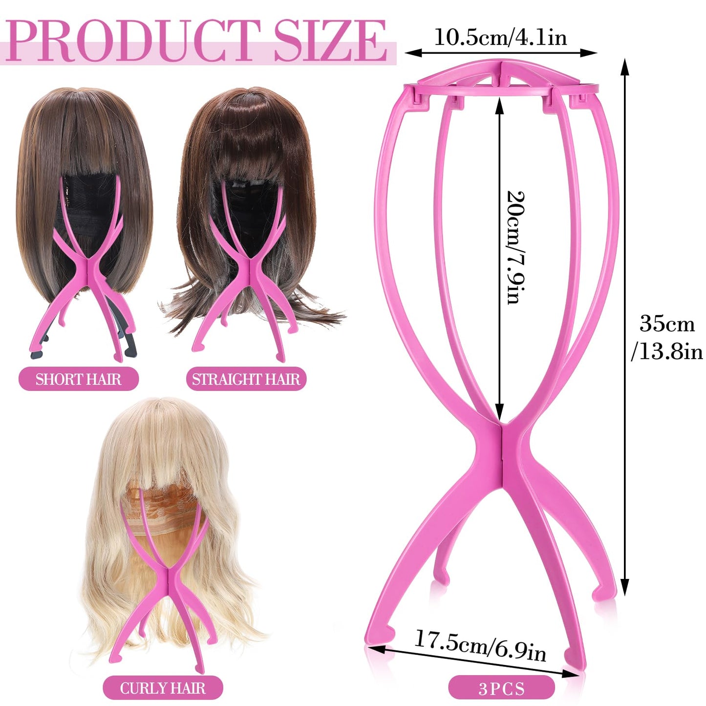 obeoby Wig Stand Portable Wig Holder Wig Head Stand for All Wigs Travel Wig pink3pack