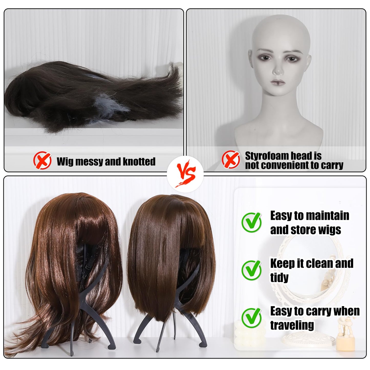 obeoby Wig Stand Portable Wig Holder Wig Head Stand for All Wigs Travel Wig black 6 pack