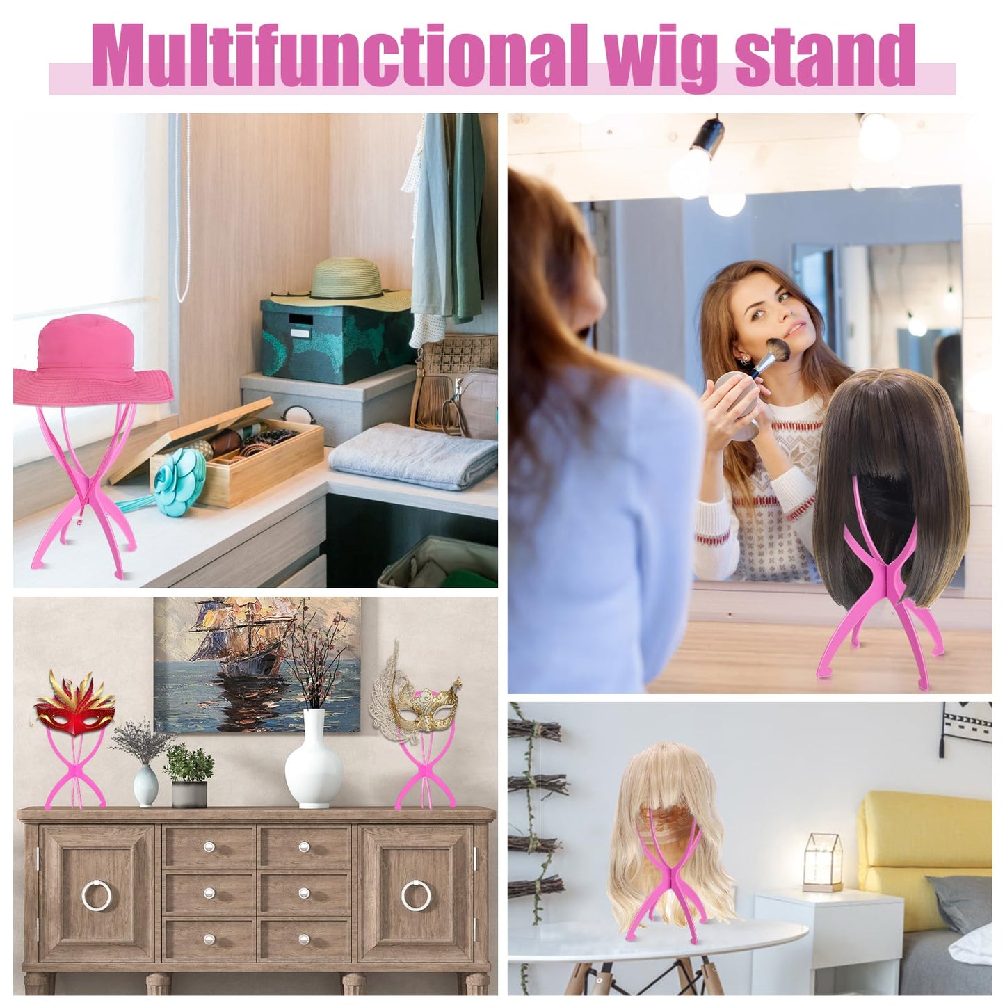 obeoby Wig Stand Portable Wig Holder Wig Head Stand for All Wigs Travel Wig pink 2pack