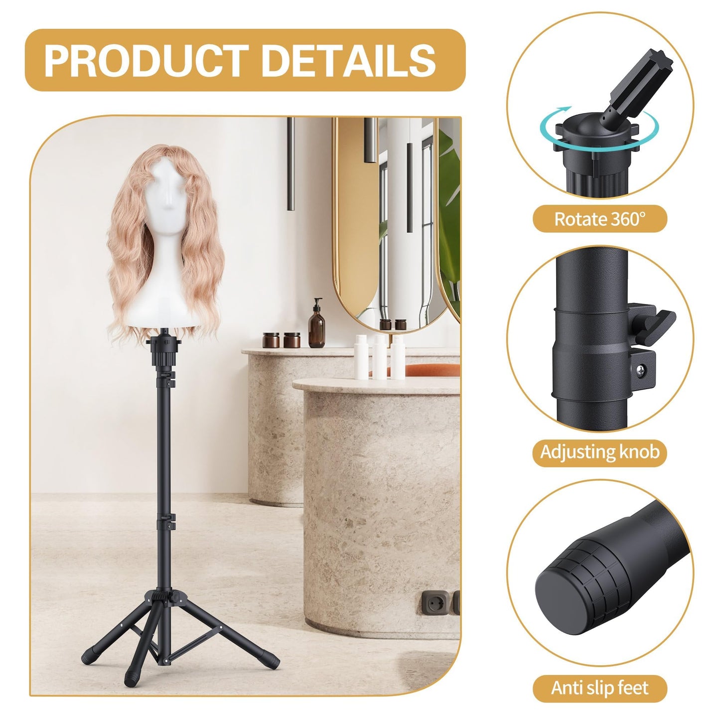 Relx Wig Head Stand Adjustable Mannequin Head Stand Wig Stand Tripod for Cosmetology Hairdressi...