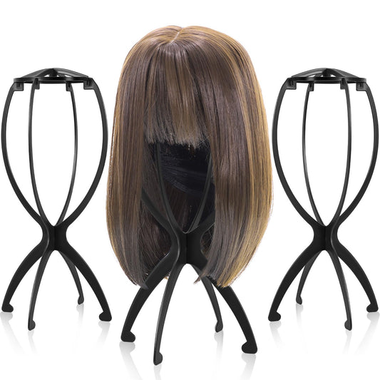 obeoby Wig Stand Portable Wig Holder Wig Head Stand for All Wigs Travel Wig black3pack