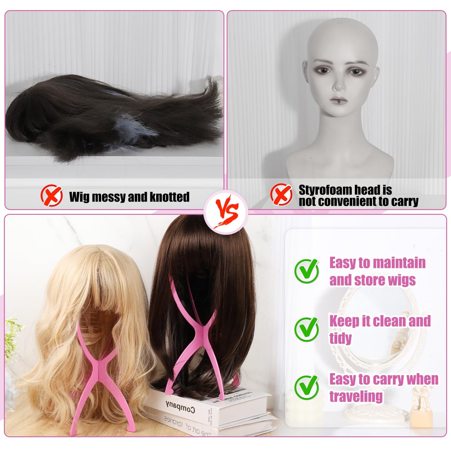 obeoby Wig Stand Portable Wig Holder Wig Head Stand for All Wigs Travel Wig pink 2pack