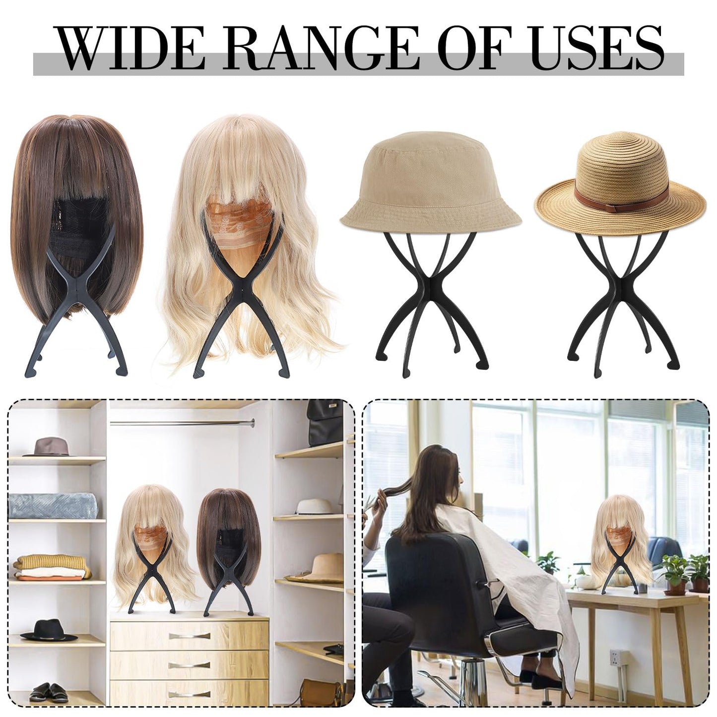 obeoby Wig Stand Portable Wig Holder Wig Head Stand for All Wigs Travel Wig black3pack
