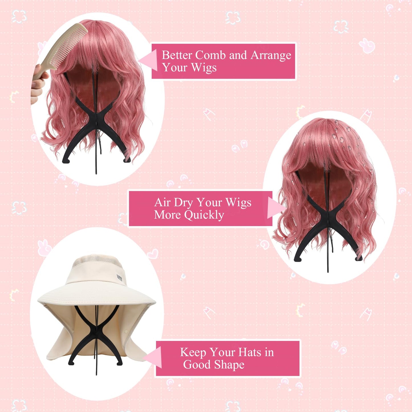 Seewaazee 2 Pack Wig Stand Wig Head Stand Portable Wig Holder for Multiple Wigs Wig Stands Tripod...
