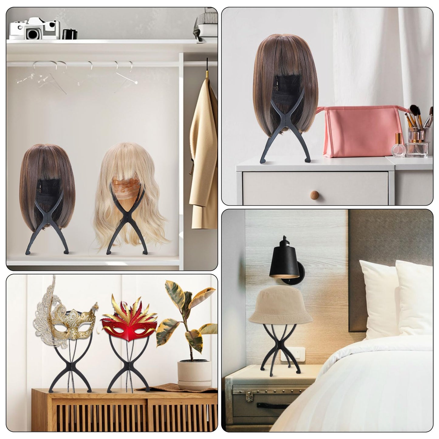 obeoby Wig Stand Portable Wig Holder Wig Head Stand for All Wigs Travel Wig black3pack