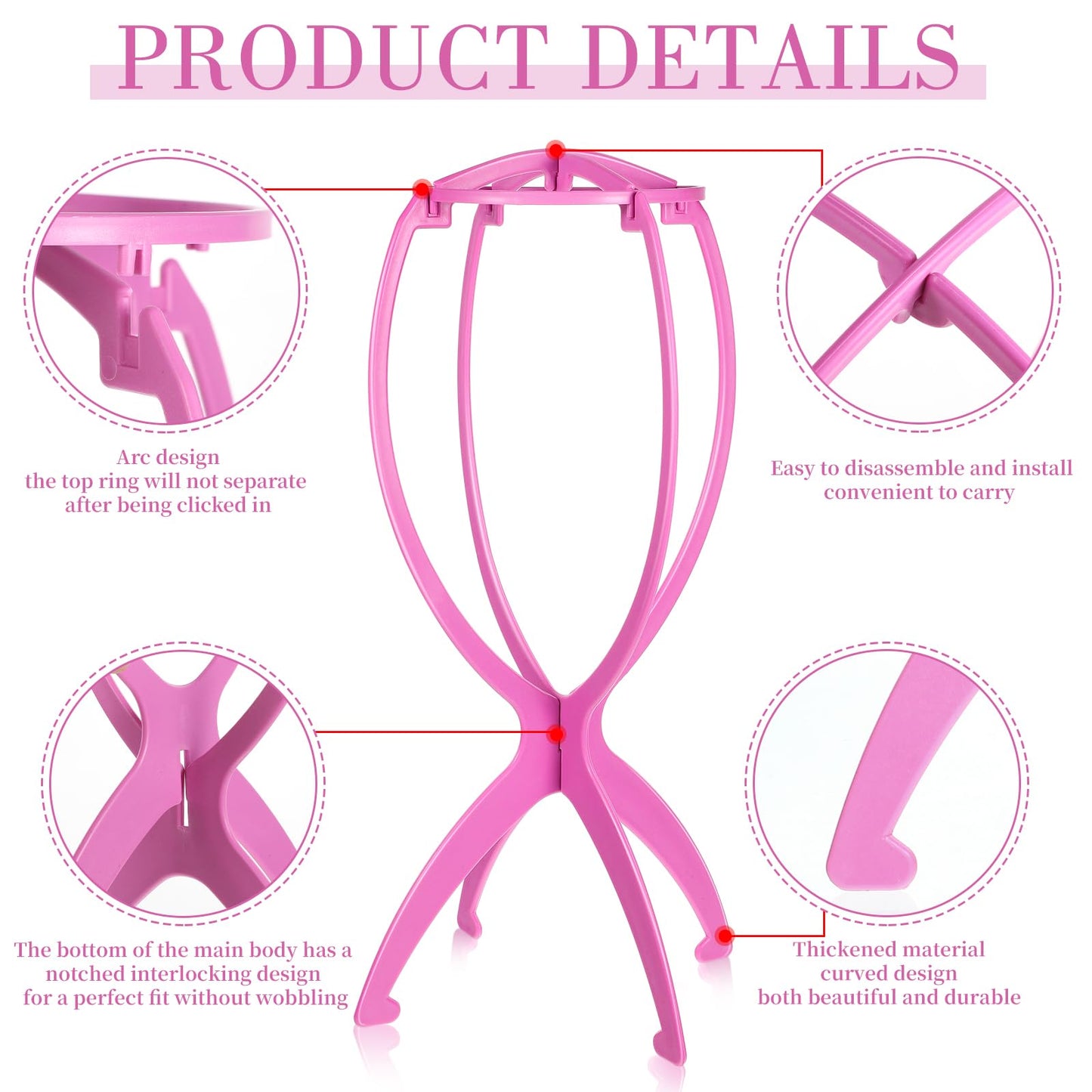 obeoby Wig Stand Portable Wig Holder Wig Head Stand for All Wigs Travel Wig pink3pack