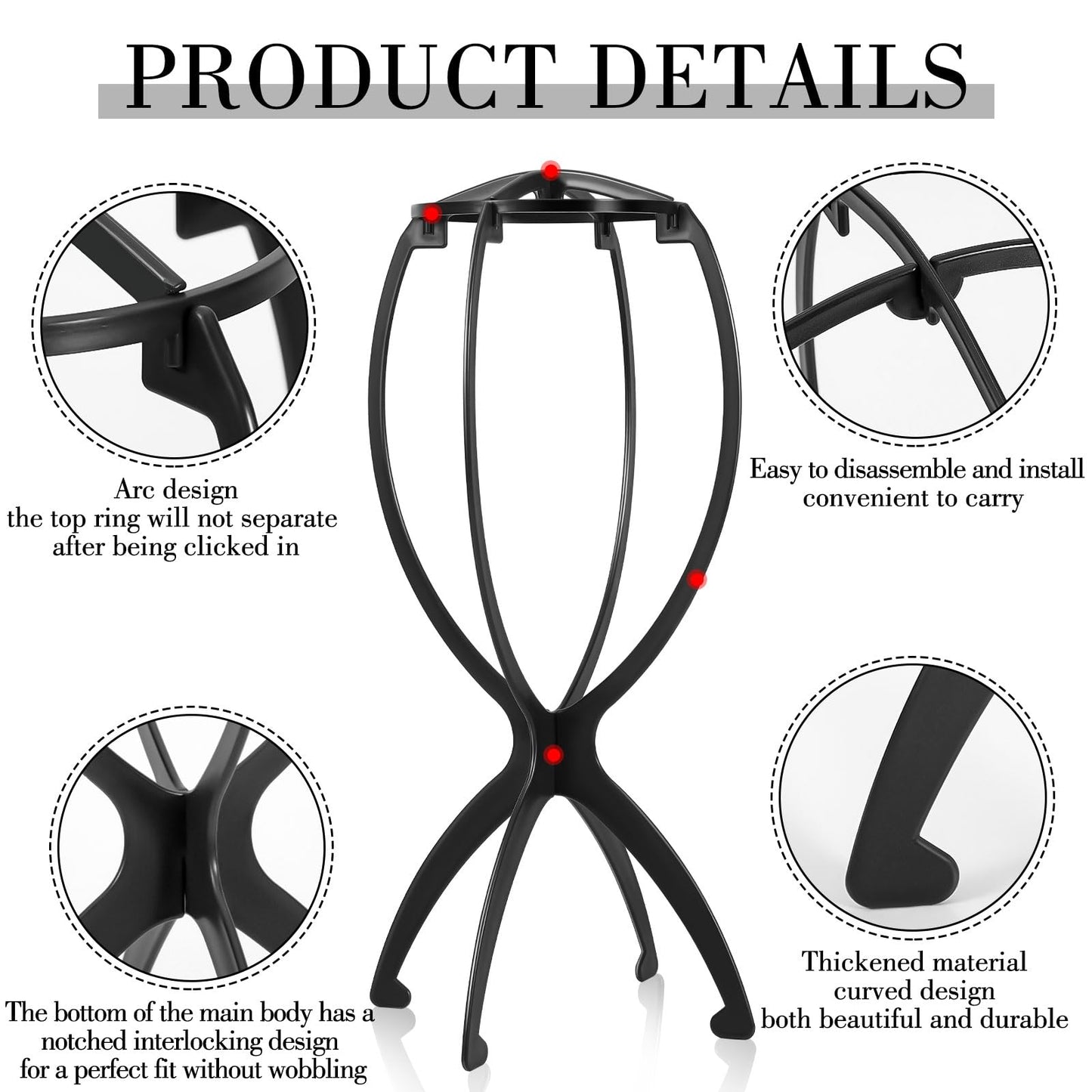 obeoby Wig Stand Portable Wig Holder Wig Head Stand for All Wigs Travel Wig black3pack
