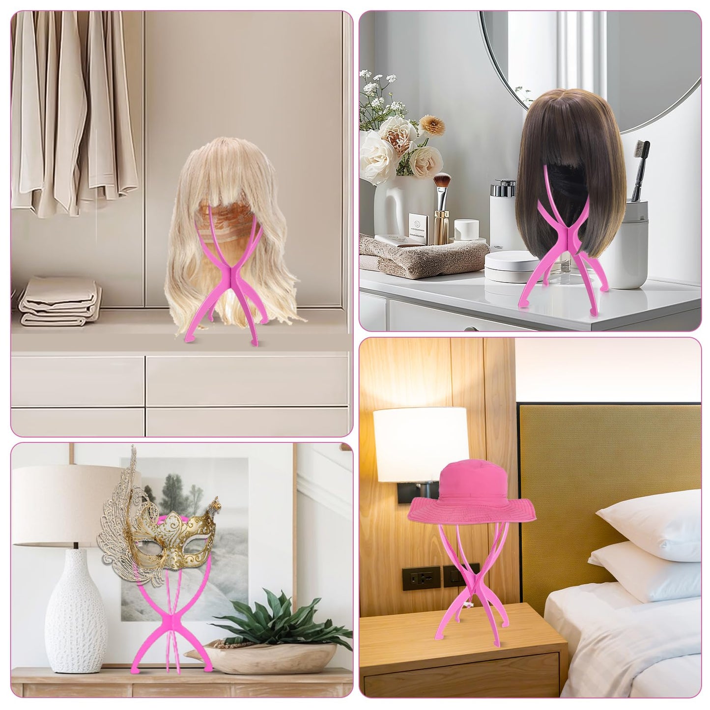 obeoby Wig Stand Portable Wig Holder Wig Head Stand for All Wigs Travel Wig pink3pack