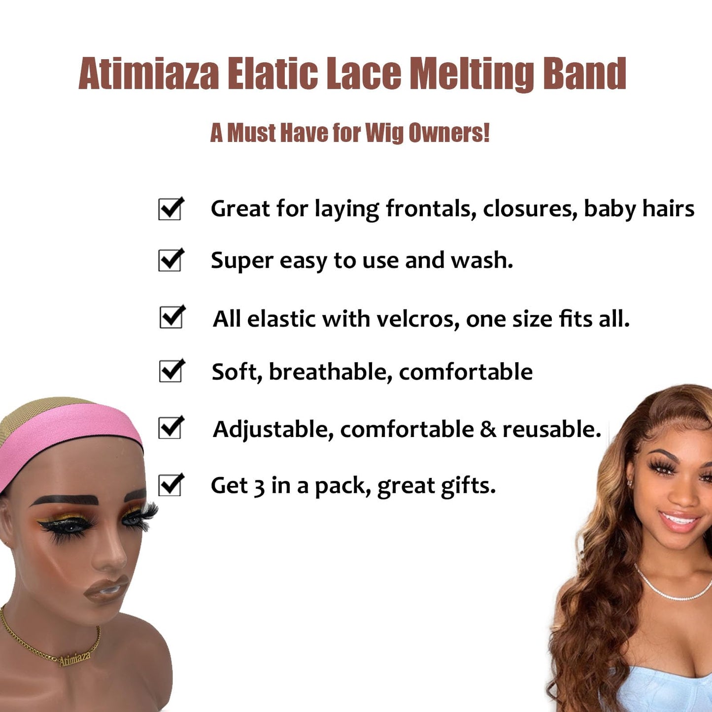Atimiaza 3 Pcs Elastic Lace Melting Bands for Wigs Lace Front Edge Wrap to Lay Edges PinkBow TieB...