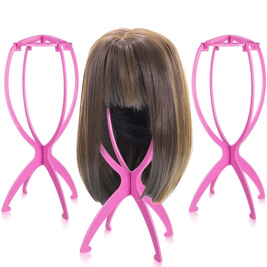 obeoby Wig Stand Portable Wig Holder Wig Head Stand for All Wigs Travel Wig pink3pack