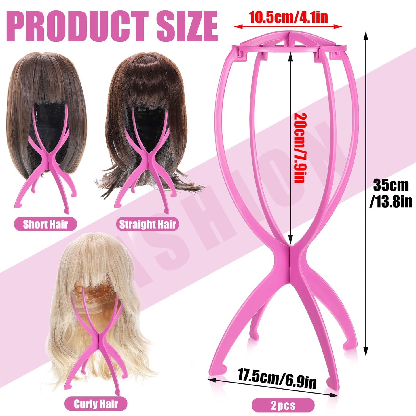 obeoby Wig Stand Portable Wig Holder Wig Head Stand for All Wigs Travel Wig pink 2pack