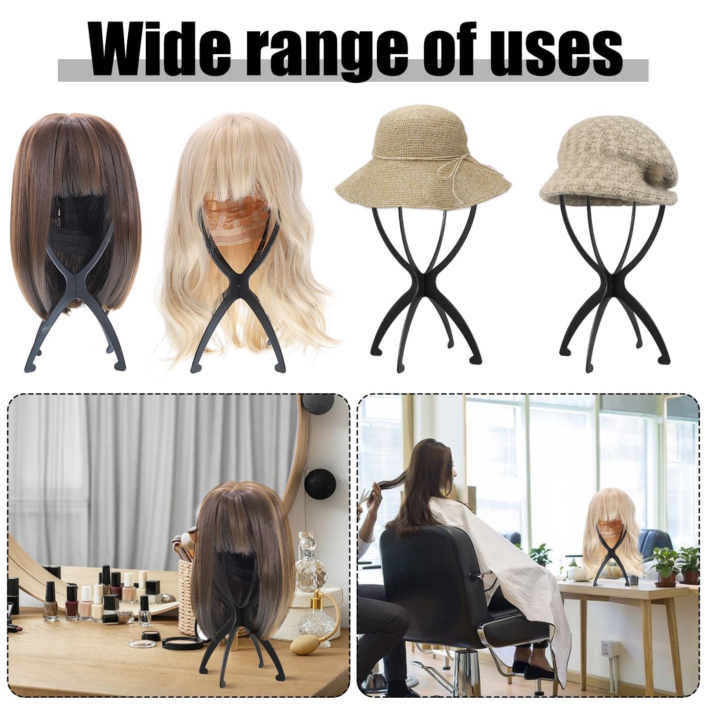 obeoby Wig Stand Portable Wig Holder Wig Head Stand for All Wigs Travel Wig black 6 pack