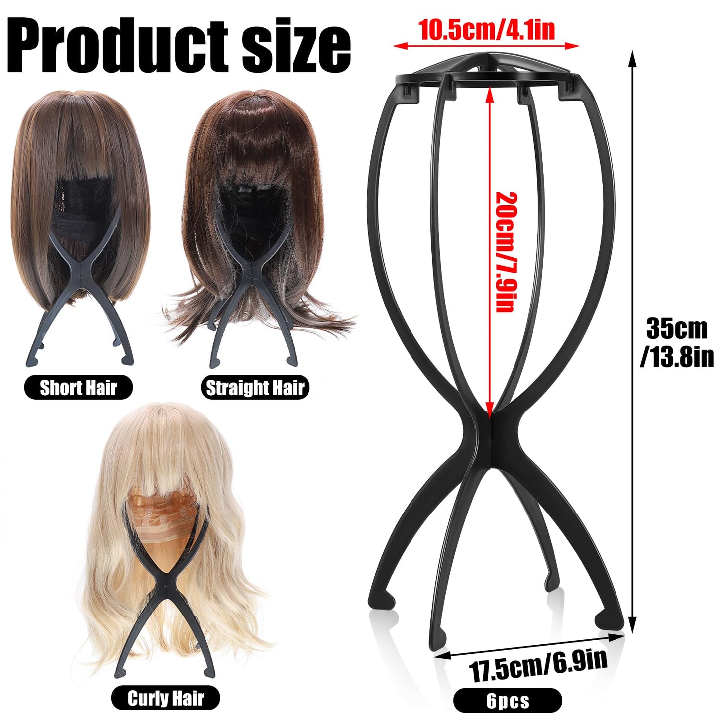 obeoby Wig Stand Portable Wig Holder Wig Head Stand for All Wigs Travel Wig black 6 pack