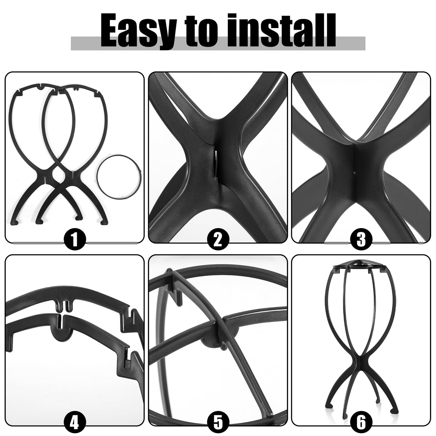obeoby Wig Stand Portable Wig Holder Wig Head Stand for All Wigs Travel Wig black 6 pack