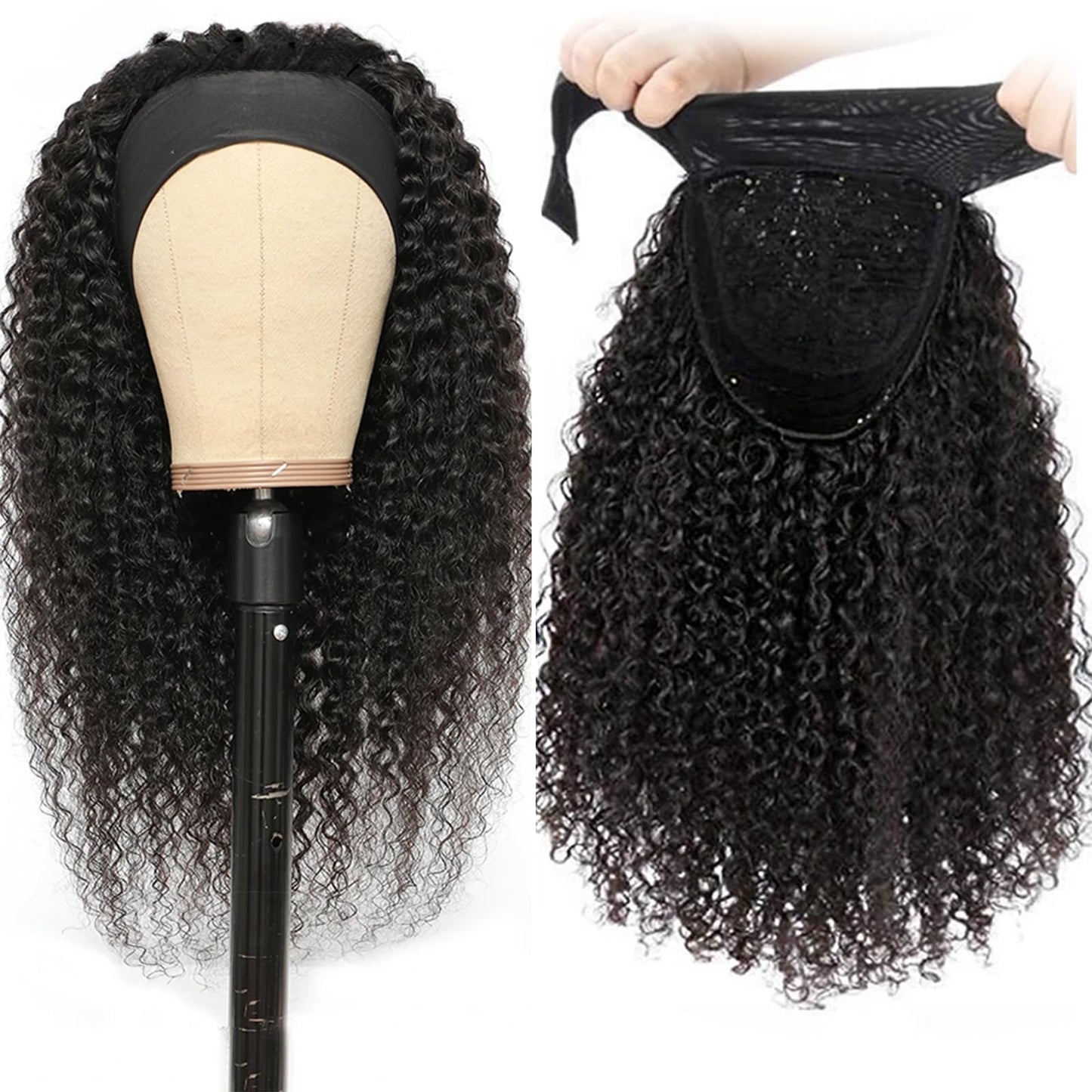 Headband Wig Human Hair Kinky Curly 14 inch Brazilian Remy Hair Curly None Lace Front Wigs Gluele...
