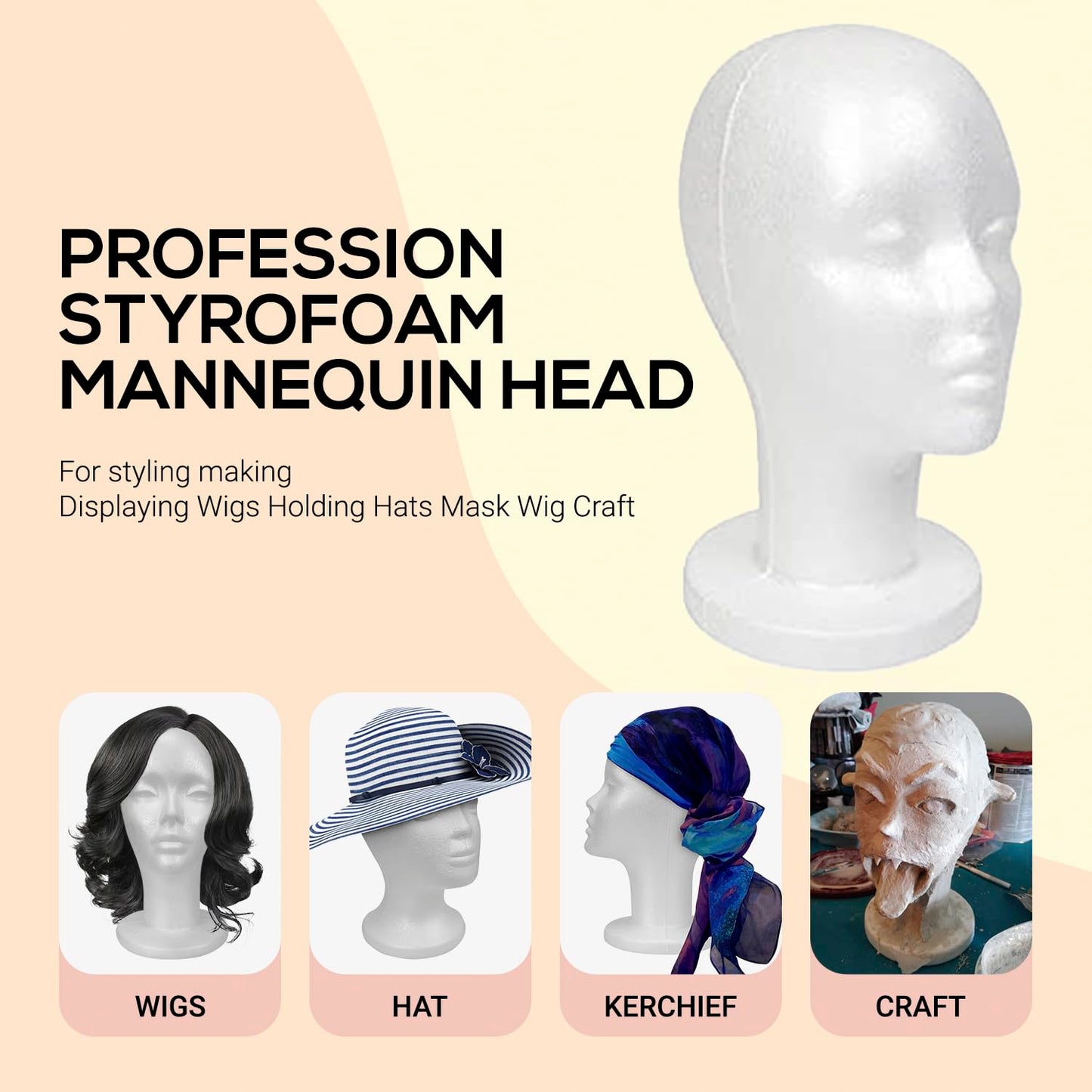 STUDIO LIMITED 114Inch Styrofoam Mannequin Head 2 Pack White Foam Wig Stand for Wigs Hats Masks ...