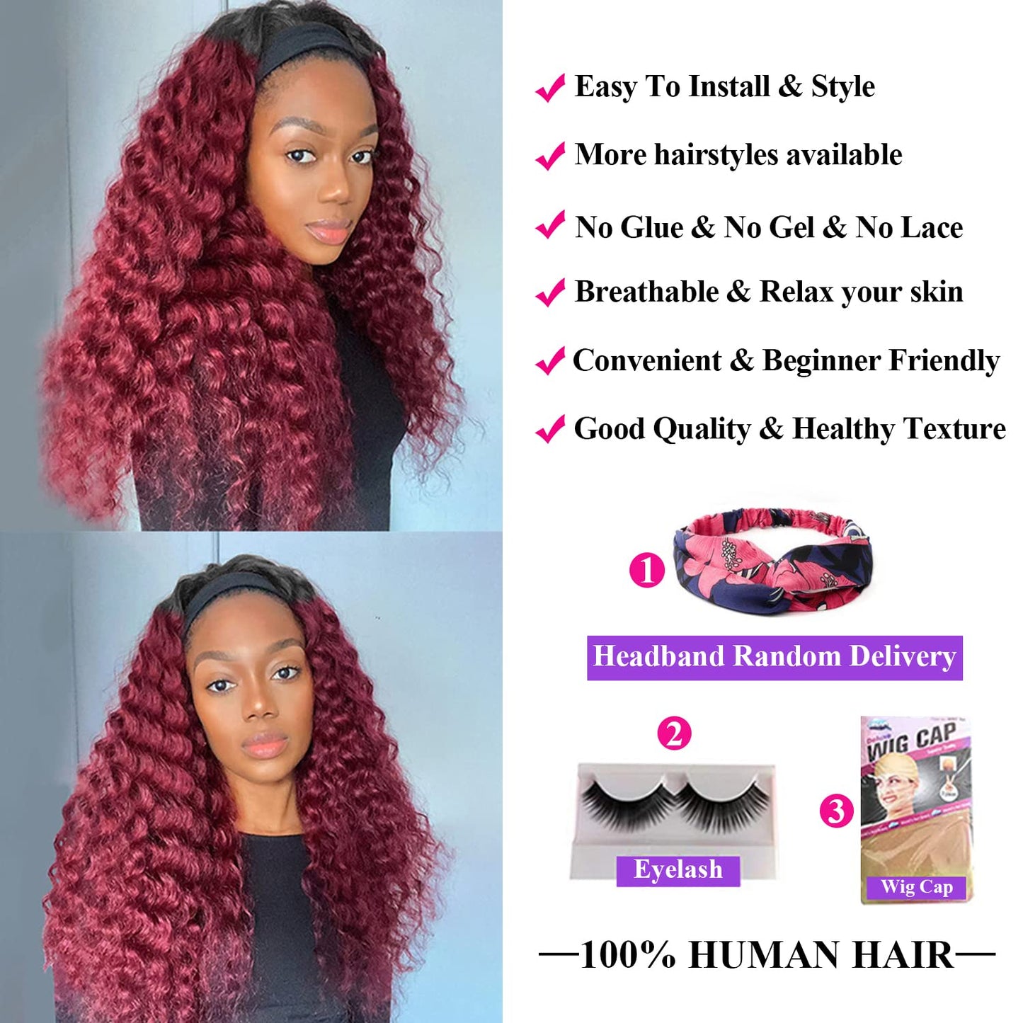 Aiterina Headband Wig deep wave human hair wigs for Black Women Brazilian Remy Hair Glueless Non ...