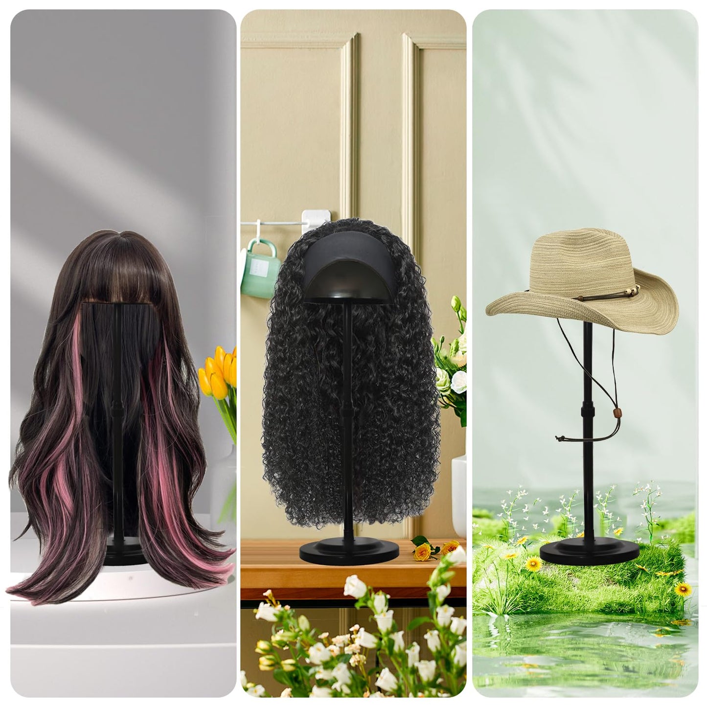 Wig Stand 1PC Adjustable Height Black Plastic Wig Head Stand Portable Wig Holder Stands NonSlip W...