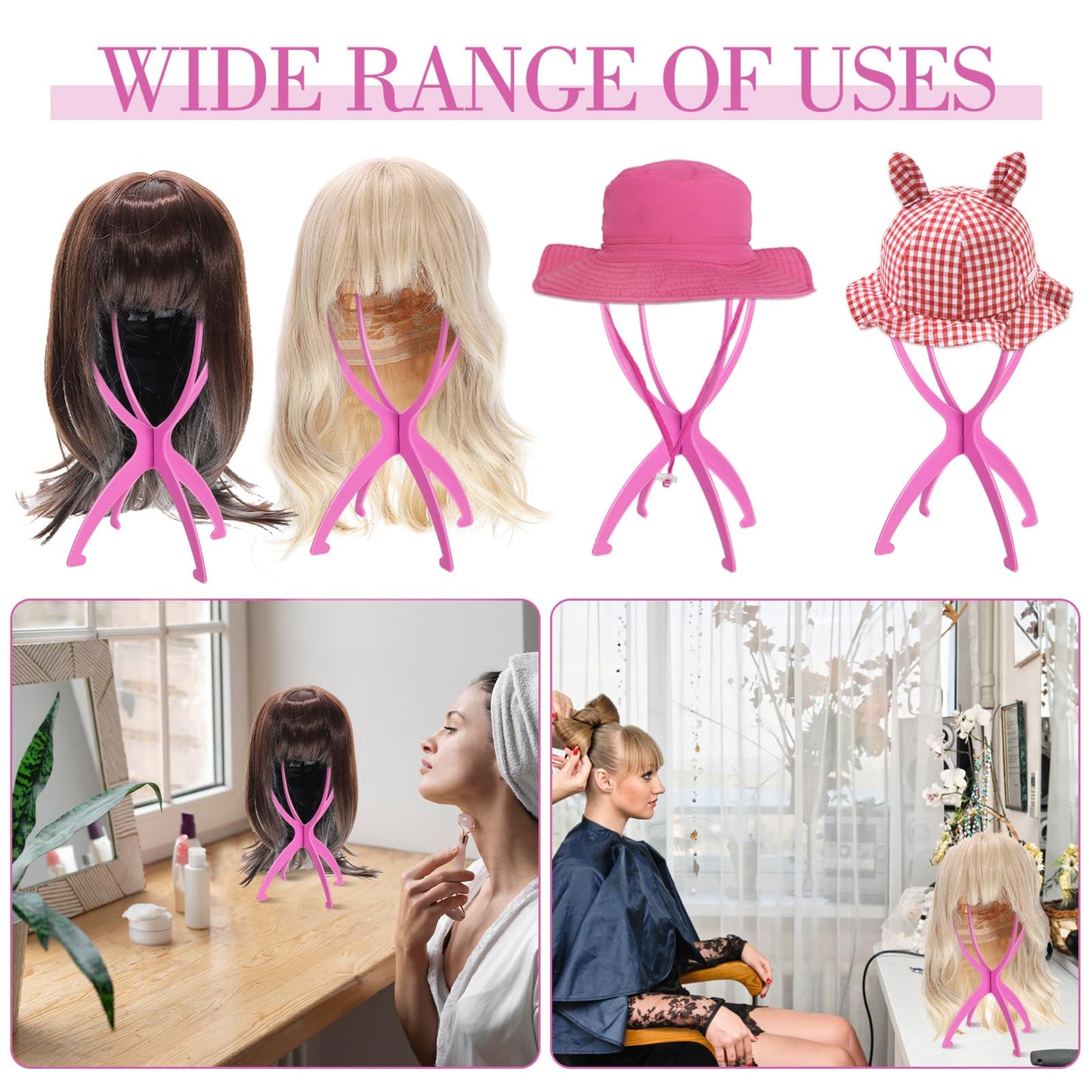 obeoby Wig Stand Portable Wig Holder Wig Head Stand for All Wigs Travel Wig pink3pack
