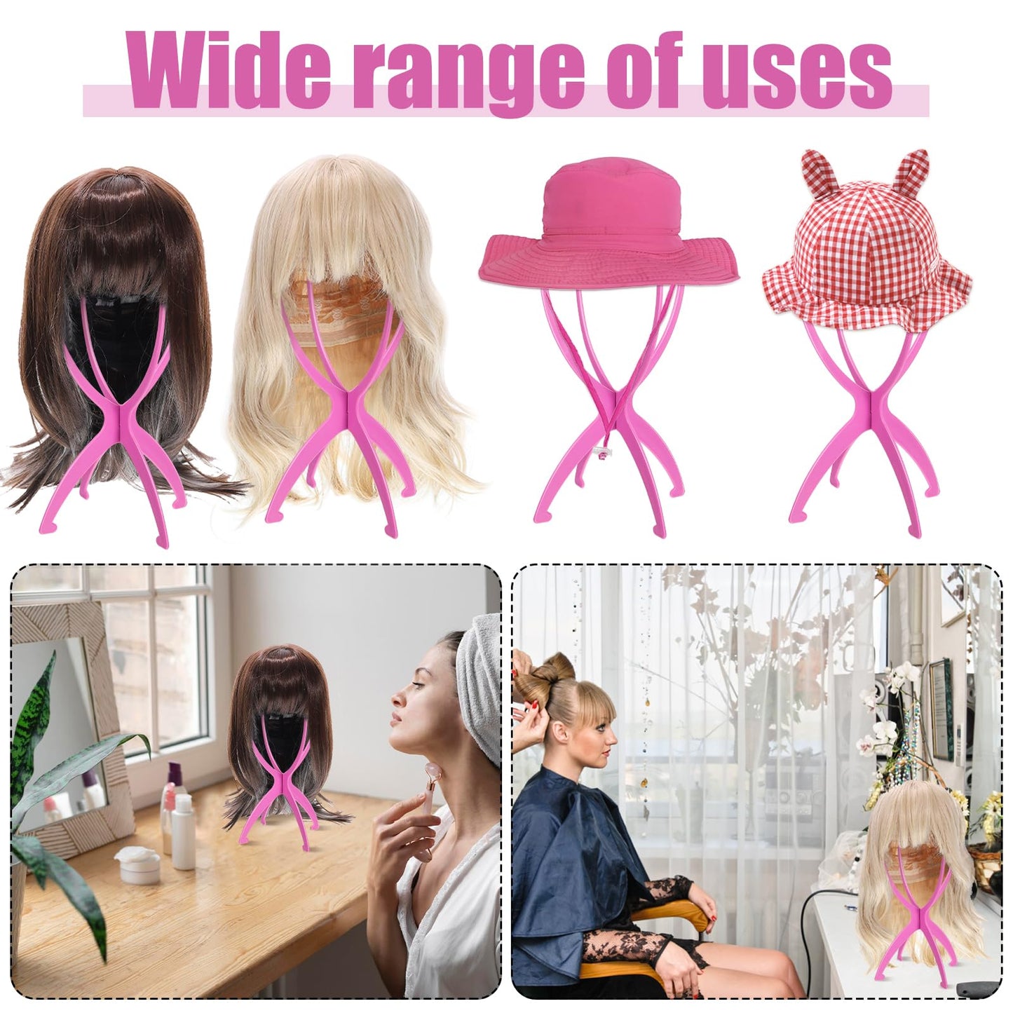 obeoby Wig Stand Portable Wig Holder Wig Head Stand for All Wigs Travel Wig pink 2pack