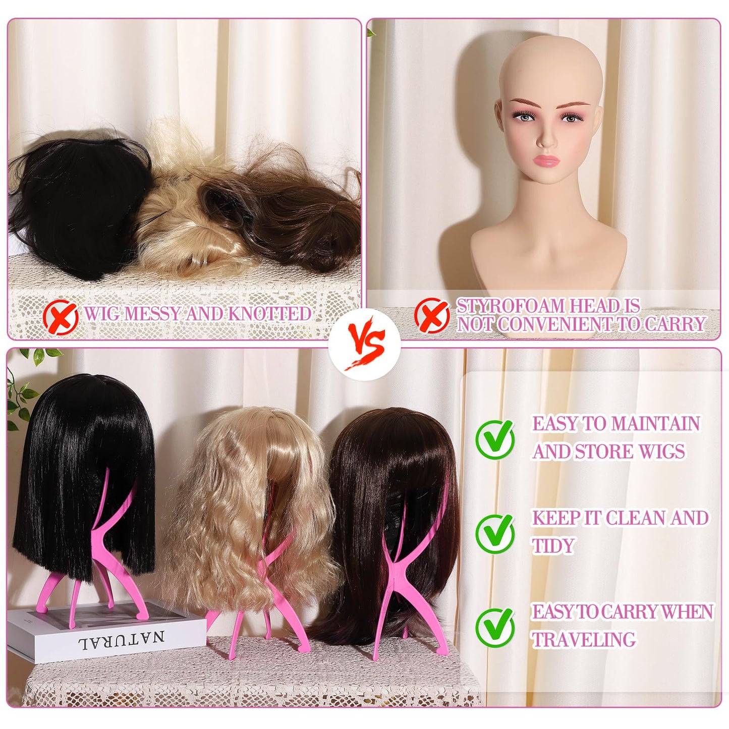 obeoby Wig Stand Portable Wig Holder Wig Head Stand for All Wigs Travel Wig pink3pack