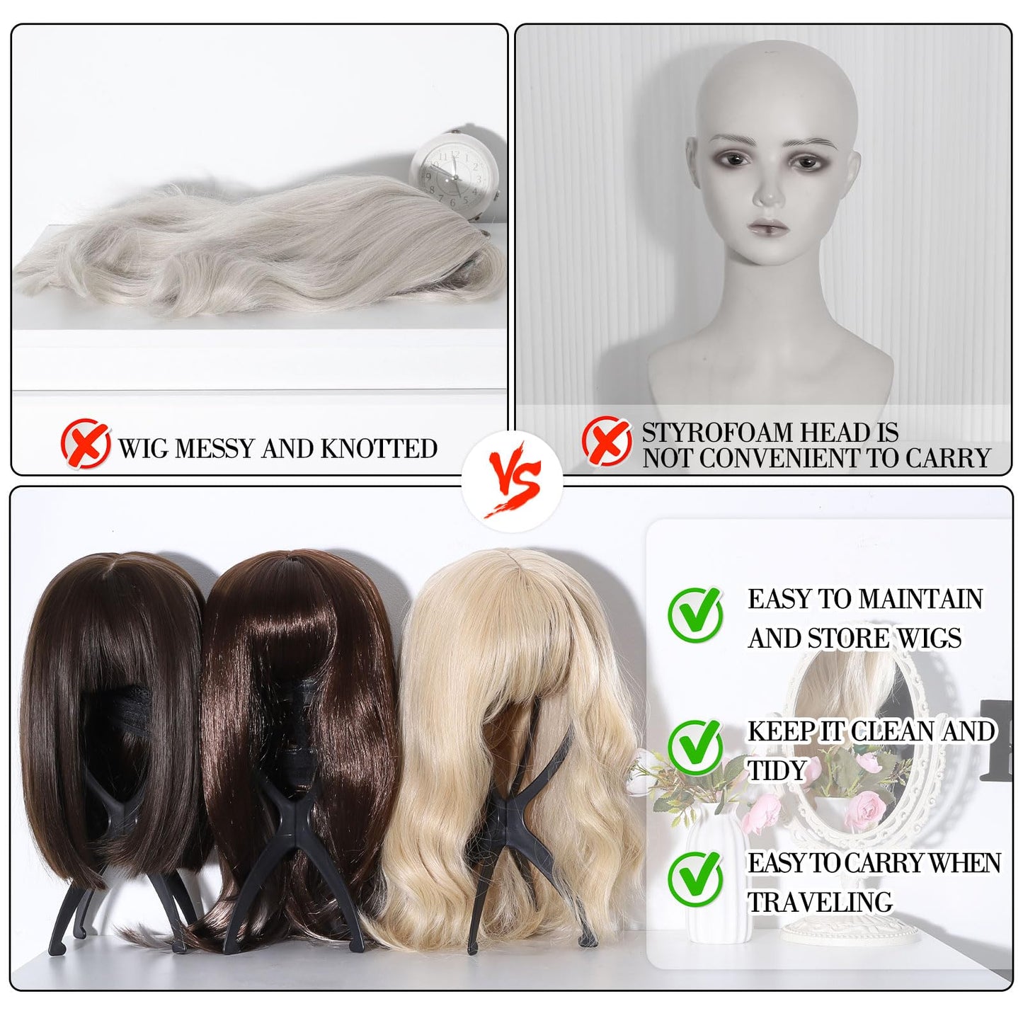 obeoby Wig Stand Portable Wig Holder Wig Head Stand for All Wigs Travel Wig black3pack
