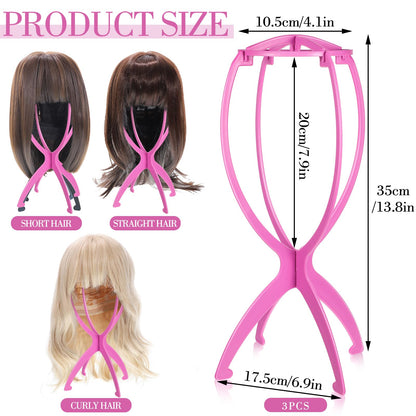 obeoby Wig Stand Portable Wig Holder Wig Head Stand for All Wigs Travel Wig pink3pack