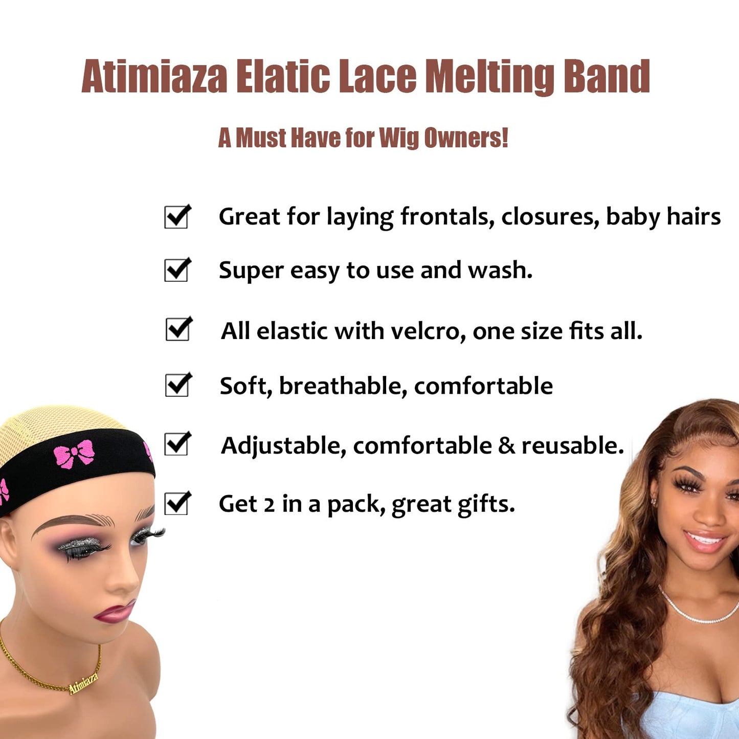 Atimiaza 2 Pcs Elastic Bands for Wig Lace Melting Bow Tie Band Edge Wrap to Lay Edges Pack of 2