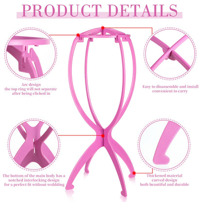 obeoby Wig Stand Portable Wig Holder Wig Head Stand for All Wigs Travel Wig pink3pack
