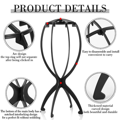 obeoby Wig Stand Portable Wig Holder Wig Head Stand for All Wigs Travel Wig black3pack