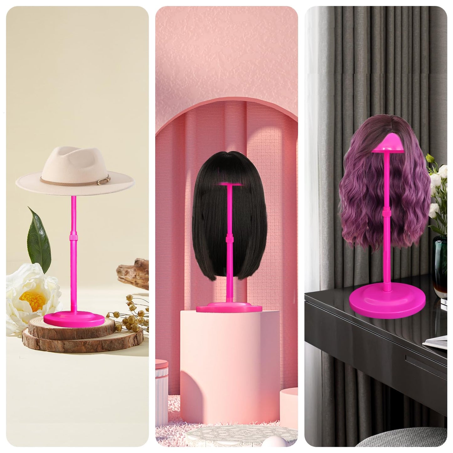 Wig Stand 1PC Adjustable Height Pink Plastic Wig Head Stand Portable Wig Holder Stands NonSlip Wi...