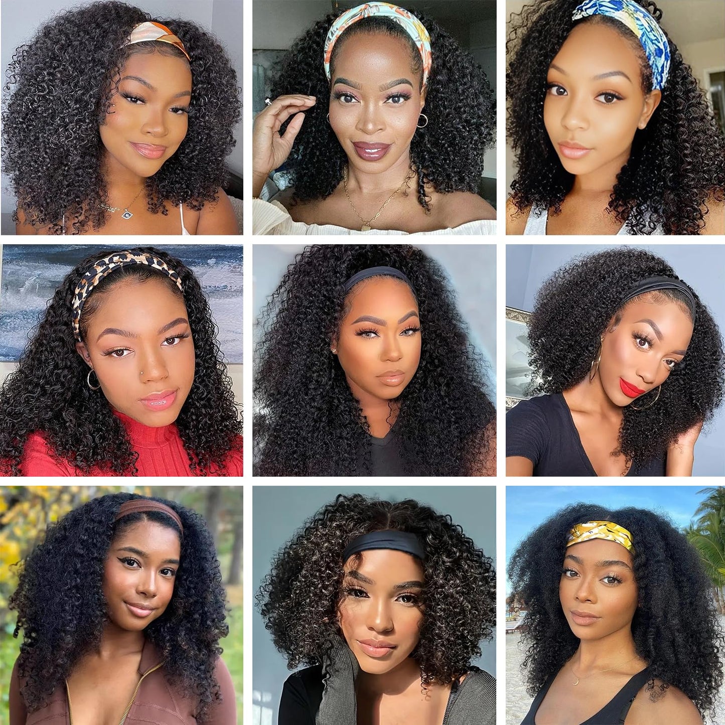 Headband Wig Human Hair Kinky Curly 14 inch Brazilian Remy Hair Curly None Lace Front Wigs Gluele...