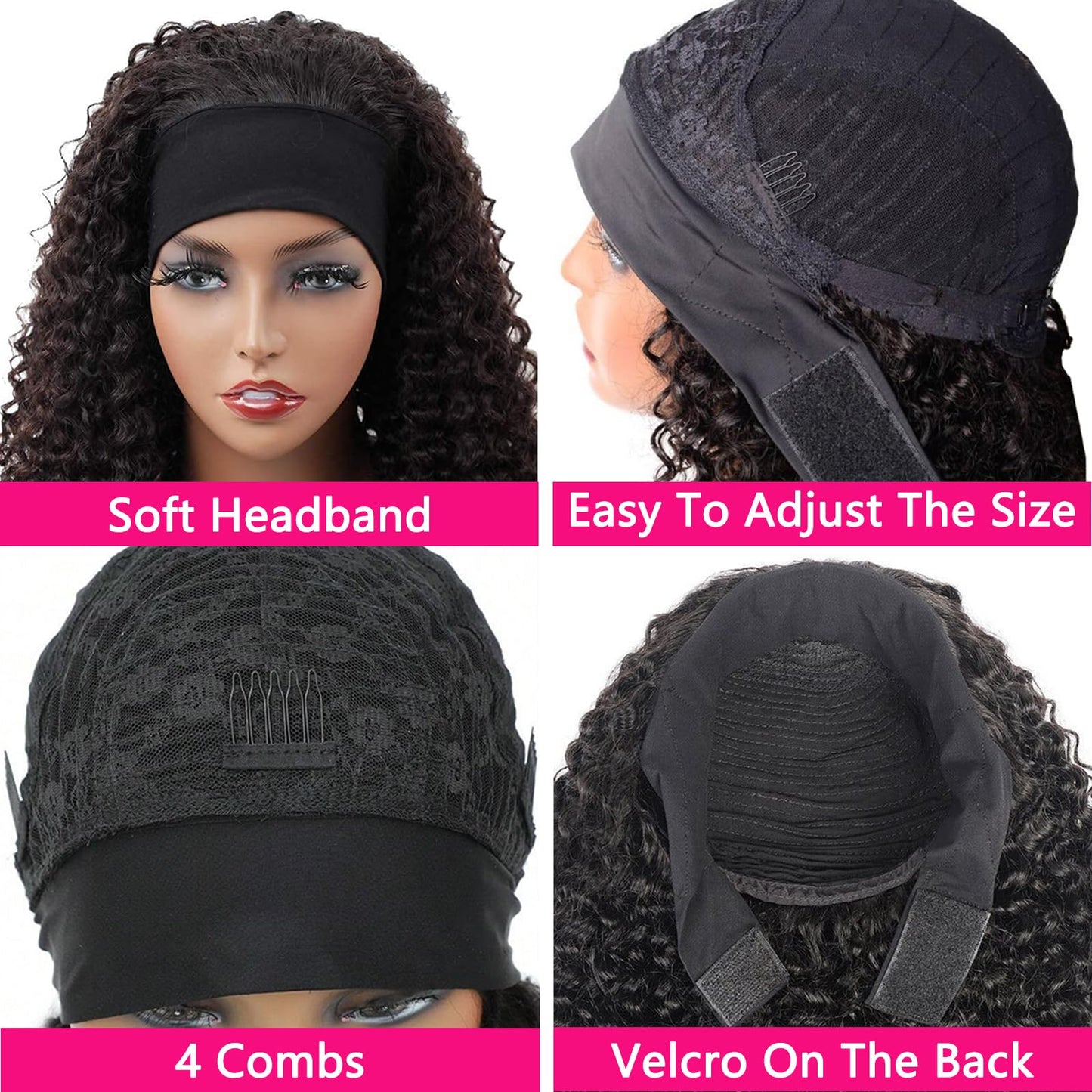 Headband Wig Human Hair Kinky Curly 14 inch Brazilian Remy Hair Curly None Lace Front Wigs Gluele...