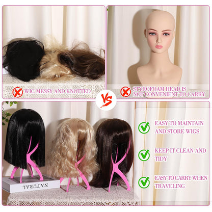 obeoby Wig Stand Portable Wig Holder Wig Head Stand for All Wigs Travel Wig pink3pack